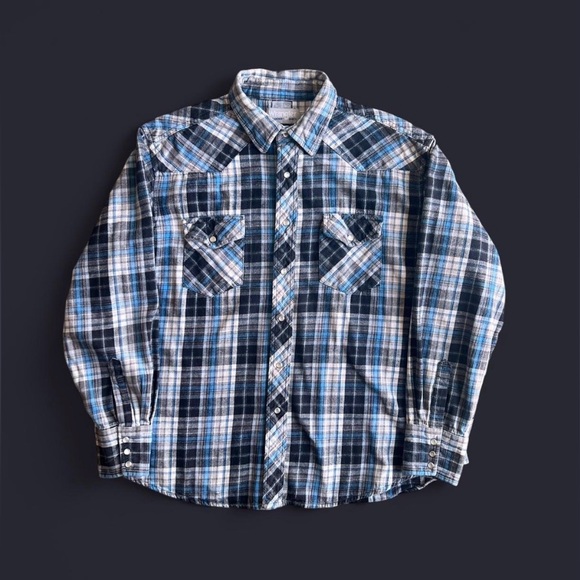 Wrangler Other - Vintage Wrangler wrancher blue plaid flannel shirt snap closure men’s size XL